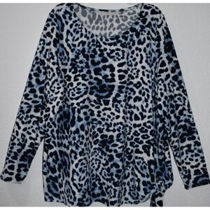 Belle Kim Gravel Top 2X Long Sleeve Stretch Side Grommet Tie Blue Animal Print